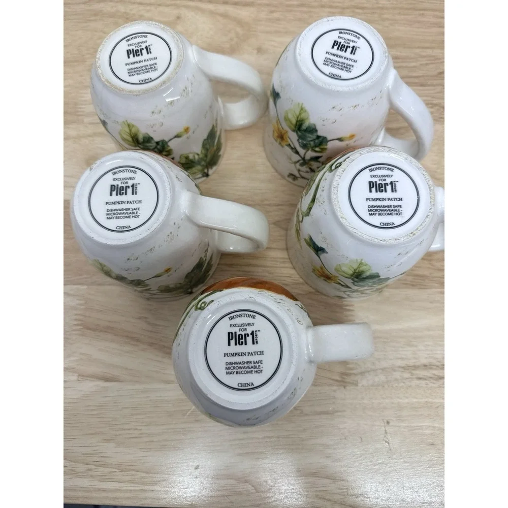 Lot (5) PIER 1 Mugs Cups Pumpkin Patch Watercolor Pumpkin Fall Excellent #68